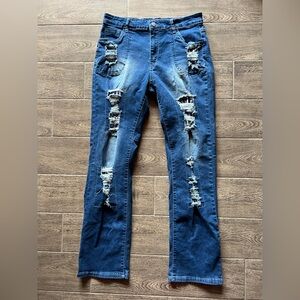 Distressed Straight Leg Jeans XL | Ripped Denim | High Rise Street Style